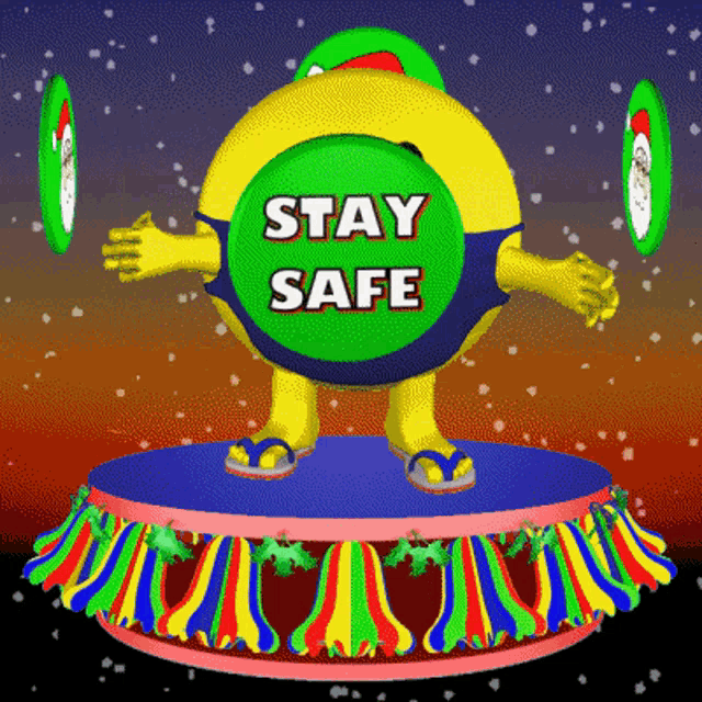 a cartoon character with a sign that says " stay safe "