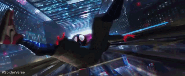 a man in a spiderman costume is falling through the air in a futuristic city .