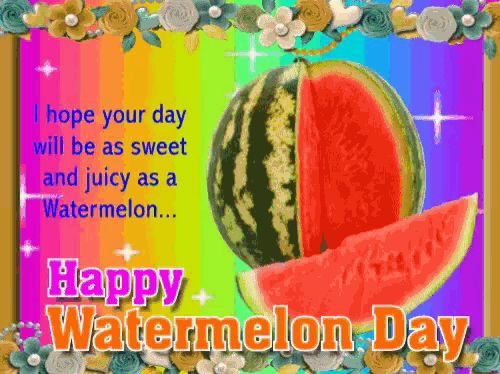 a happy watermelon day greeting card with a watermelon on a colorful background
