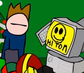 a cartoon of a man standing next to a computer with a smiley face on it that says `` hi tom '' .