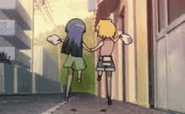 two anime girls are holding hands while walking down a street .