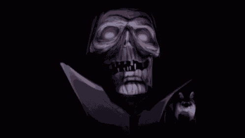 a grim reaper with red eyes and a bat on his shoulder