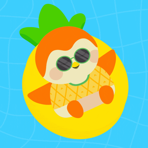 an illustration of a pineapple penguin wearing sunglasses and holding a skateboard