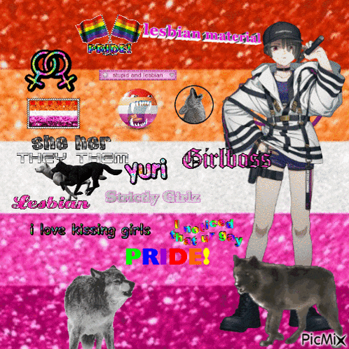 a picture of a girl standing next to two wolves with the words she her they them yuri girlboss