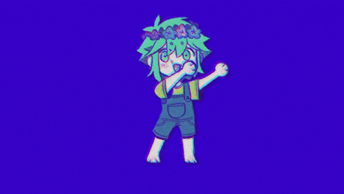 a cartoon character with green hair and a flower crown on his head is dancing on a blue background .