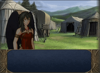 a woman with black wings stands in a field with tents