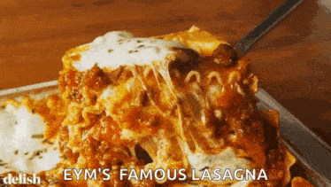 eym 's famous lasagna is being served in a pan
