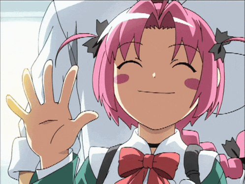 a girl with pink hair is waving her hand
