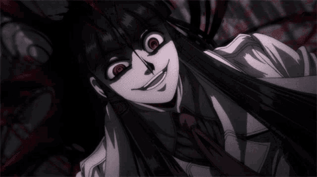 a black and white cartoon character with red eyes is smiling