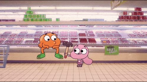 a cartoon character in a grocery store with a sign that says meat balls on it