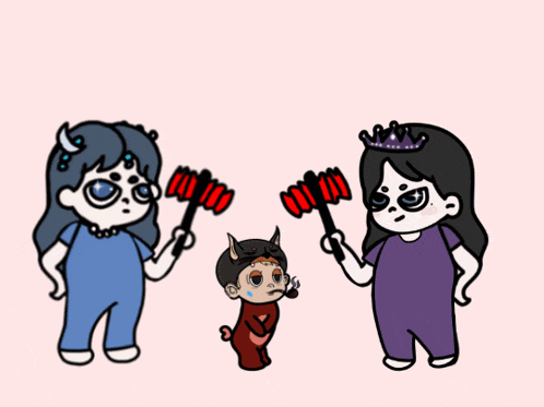 a cartoon drawing of a girl holding a hammer next to a devil