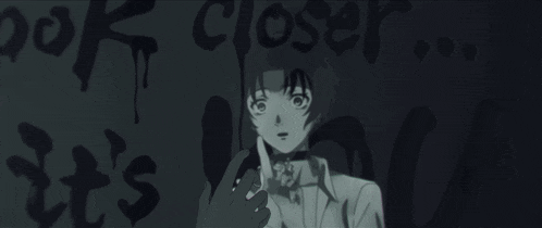 a girl is looking through a broken glass with the words " do k close " on the wall behind her