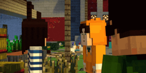 a group of minecraft characters are standing in a room with a red wall