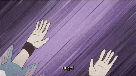 a purple background with a cartoon character 's hands reaching up and the words huge