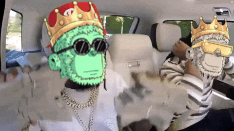 two monkeys wearing crowns and sunglasses are sitting in a car