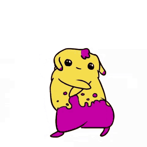 a yellow and purple cartoon character is flexing his muscles ..