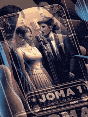 a movie poster for joma 1 shows a man and a woman singing into microphones