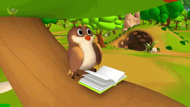 a cartoon owl is sitting on a tree branch reading a book