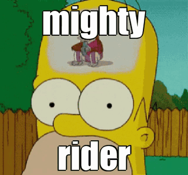 a cartoon of homer simpson with the words mighty rider in front of his head