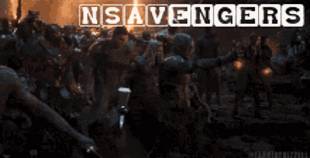 a group of people standing in a dark room with the words ns avengers written on the bottom