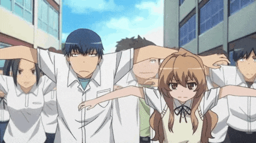 a group of anime characters are stretching their arms out in front of a building .