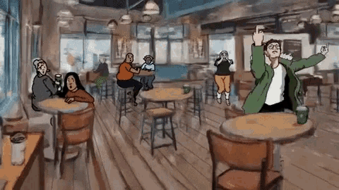 a cartoon drawing of people sitting at tables in a coffee shop