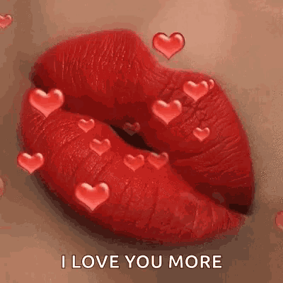 a close up of a woman 's red lips with red hearts coming out of them .