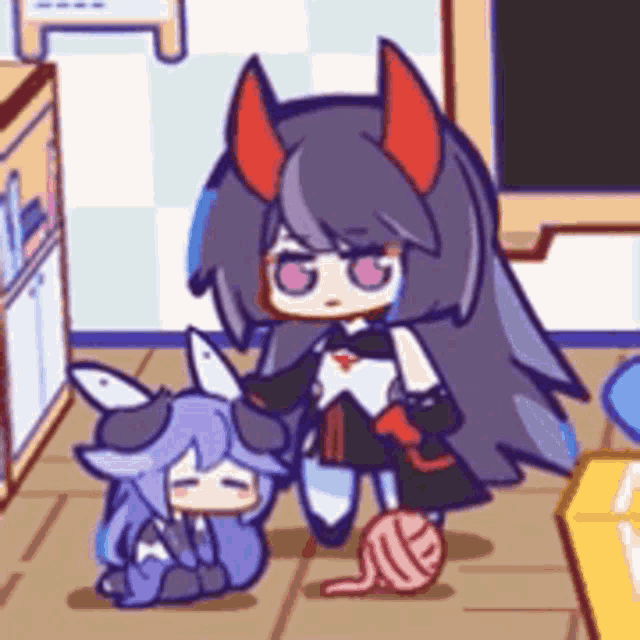 a cartoon girl with horns is standing next to a little girl with a ball of yarn .