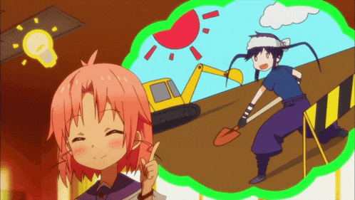 a cartoon drawing of a girl with pink hair and a boy with a shovel