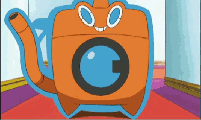 a cartoon drawing of a teapot with a blue circle in the middle