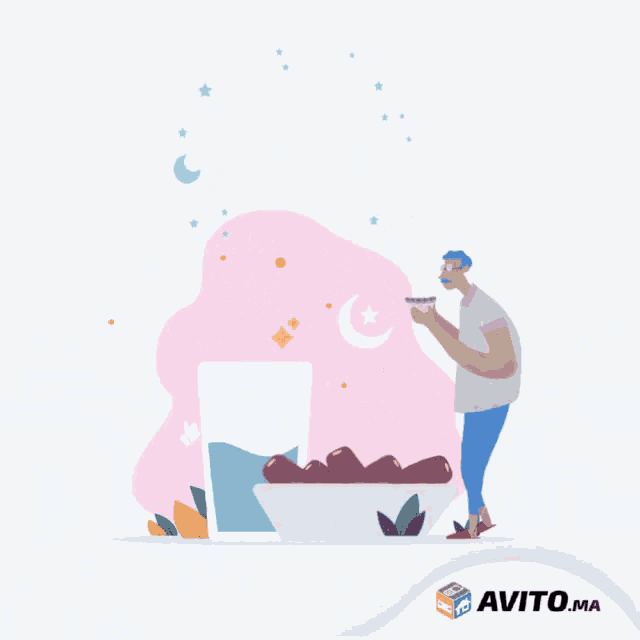 an advertisement for avito.ma shows a man eating a bowl of food