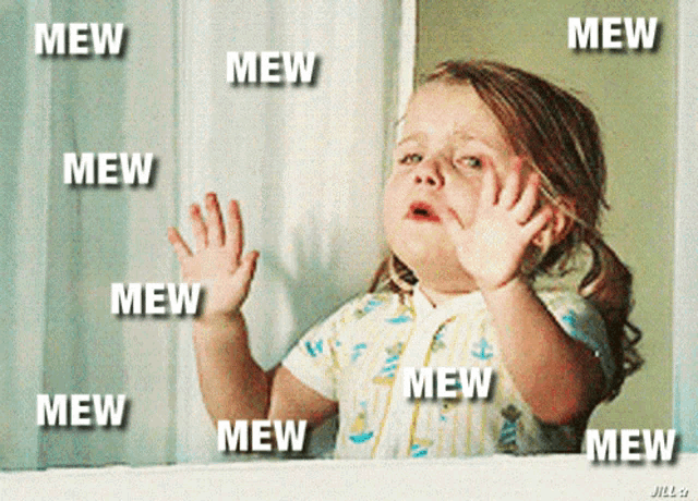 a little girl is looking out a window with the word mew written on the bottom