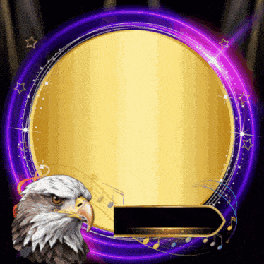 a bald eagle stands in front of a gold circle with music notes