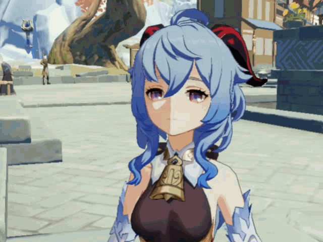 a blue haired anime girl with the number 19 on her shirt