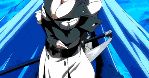 a man in a suit is holding a sword in a cartoon .