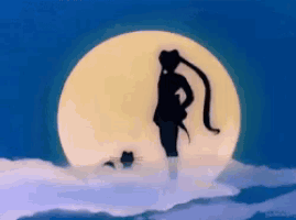 a silhouette of sailor moon standing in front of the moon