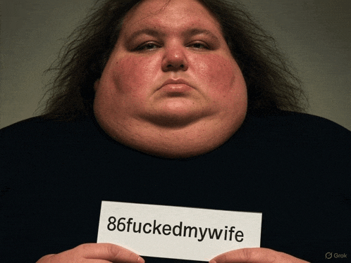 a very fat man holds a sign that says 86fuckedmywife