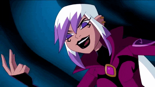 a cartoon character with purple hair and purple eyes