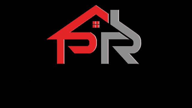a logo for pr prestige roofing with a red and silver roof