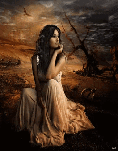 a woman in a long white dress is sitting in a desert