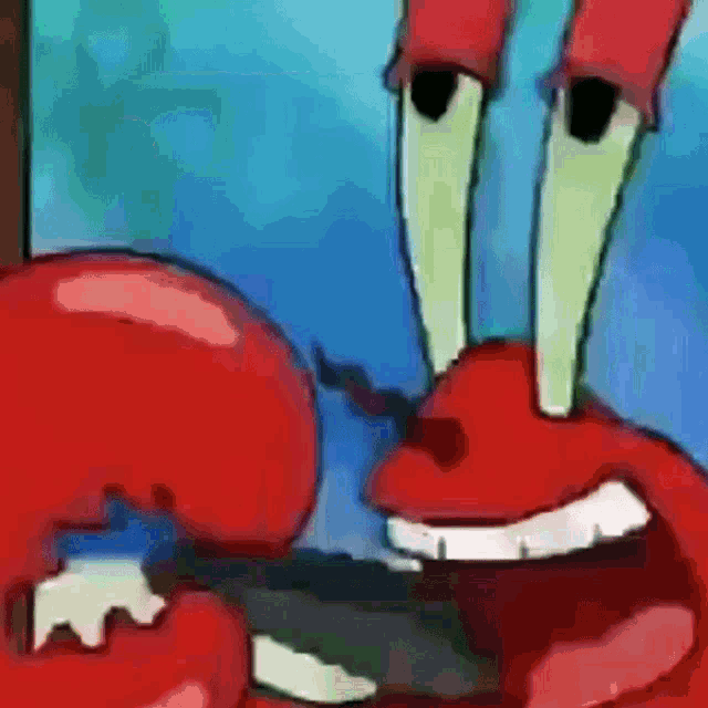 a close up of a crab from spongebob squarepants with a blue background