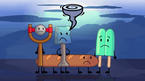 a group of cartoon characters are standing next to each other with a tornado coming out of the sky above them
