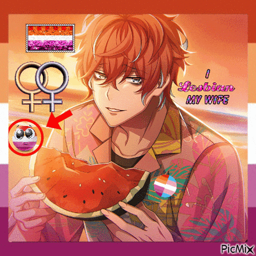 a picture of a man eating a slice of watermelon with the words " lesbians my wife " below him