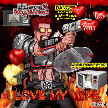 a cartoon of a man holding a gun with the words i love my wife