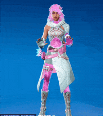 a woman with pink hair and a white outfit is standing on a blue background
