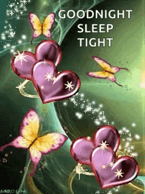 a goodnight sleep tight greeting card with purple hearts and butterflies