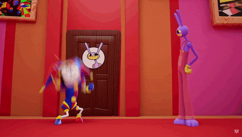 a cartoon character is holding a hammer in front of a door with a rabbit on it