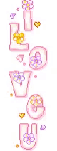 a pixel art illustration of the word love with flowers and hearts .