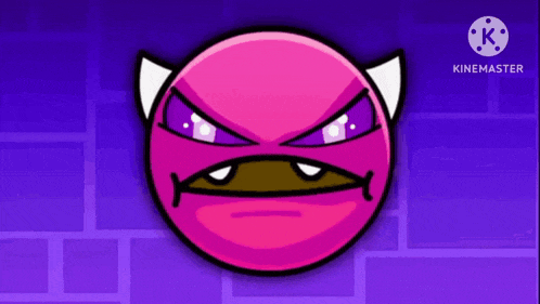a pink cartoon character with horns on a purple background