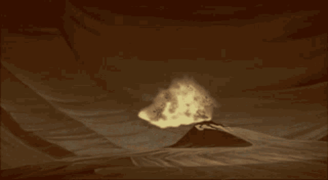 a computer generated image of a volcano erupting with a large flame coming out of it